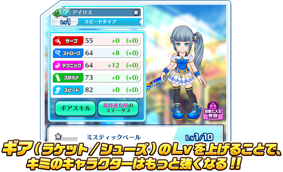 ギア(ラケット/シューズ)のLvを上げることで、キミのキャラクターはもっと強くなる!!